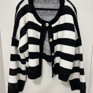 Dressed in LALA Black and White Striped Cardigan